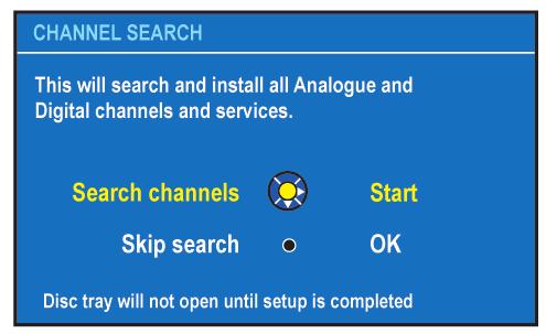 3. lépés: Üzembe helyezés és beállítások A Channel Search (csatornabeállítások) menü jelenik meg a TV képernyőjén.