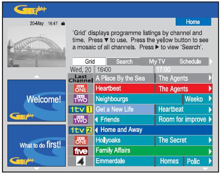 Grid képernyő A Grid képernyő a GUIDE Plus+ rendszer elsődleges, TV műsorokat ismertető képernyője. Ebben a menüpontban egy hétre előre tájékozódhat a TV-műsorokról.