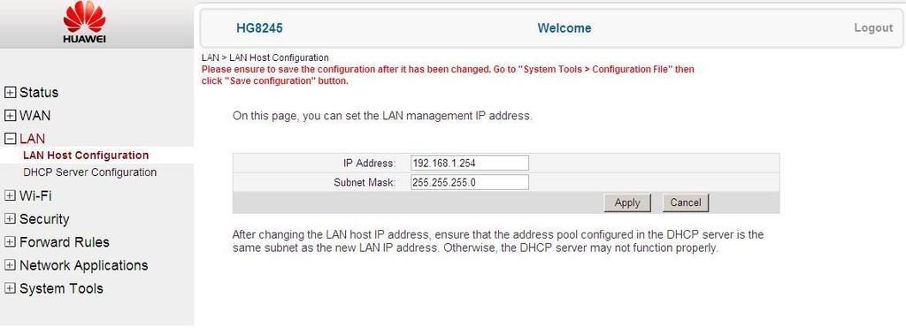 5.5 Helyi hálózati beállítások 5.5.1 IP cím beállítás A LAN -> LAN Host Configuration lapon beállítható a digitális elosztó IP címe és az alhálózati maszkja.