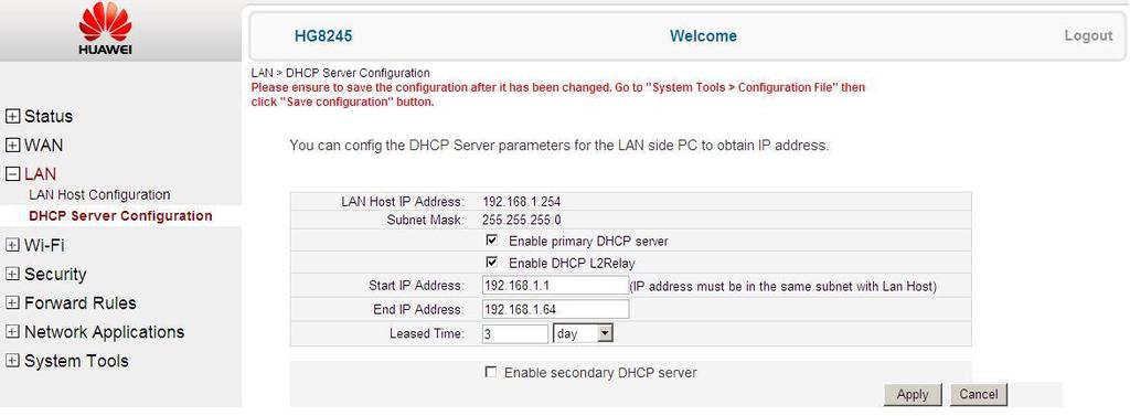 5.1-1. ábra: A digitális elosztó IP címének beállítása 5.5.2 DHCP szerver beállítás A LAN -> DHCP Server Configuration lapon beállítható a LAN oldali számítógépek hogyan kapjanak IP címet.