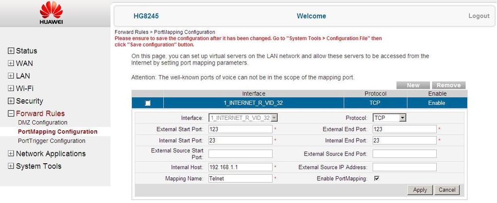 5.8.2 Port Mapping beállítás A Forwarding Rules > PortMapping Configuration lapon lehet beállítani a virtuális szervereket a LAN hálózaton és ezeket a szervereket elérhetővé tehetjük az Internet