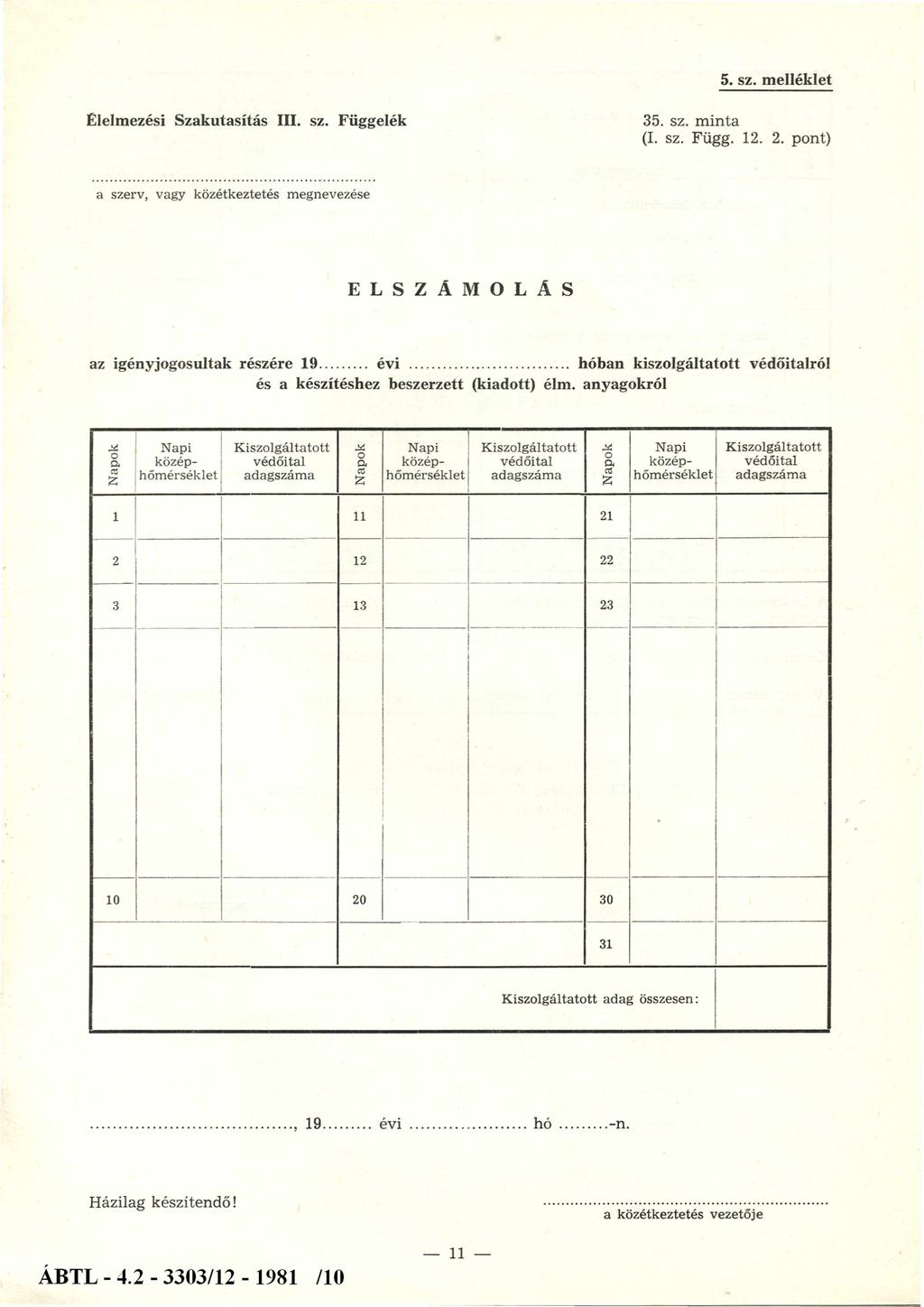 5. sz. melléklet Élelmezési Szakutasítás III. sz. Függelék 35. sz. m inta (I. sz. Függ. 12. 2. pont) a szerv, vagy közétkeztetés megnevezése ELSZÁMOLÁS az igényjogosultak részére 19... évi.