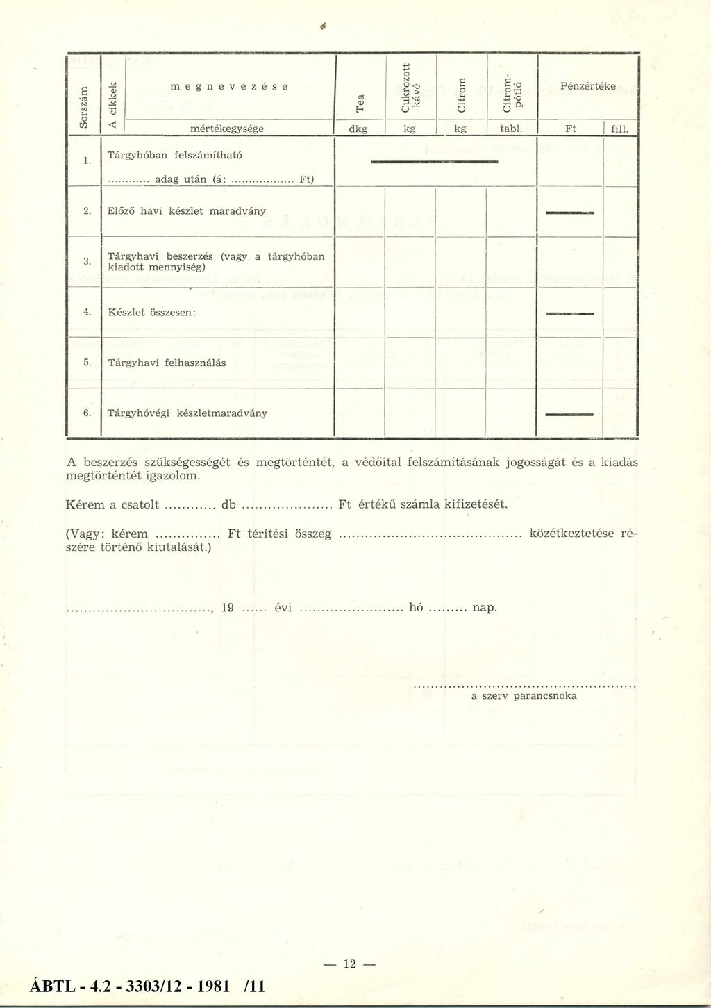 Sorszám A cikkek m egnevezése Tea Cukrozott kávé Citrom Citrom pótló Pénzértéke m értékegysége dkg kg kg tabl. F t fill. 1. Tárgyhóban felszám ítható... adag után (á:... Ft) 2.