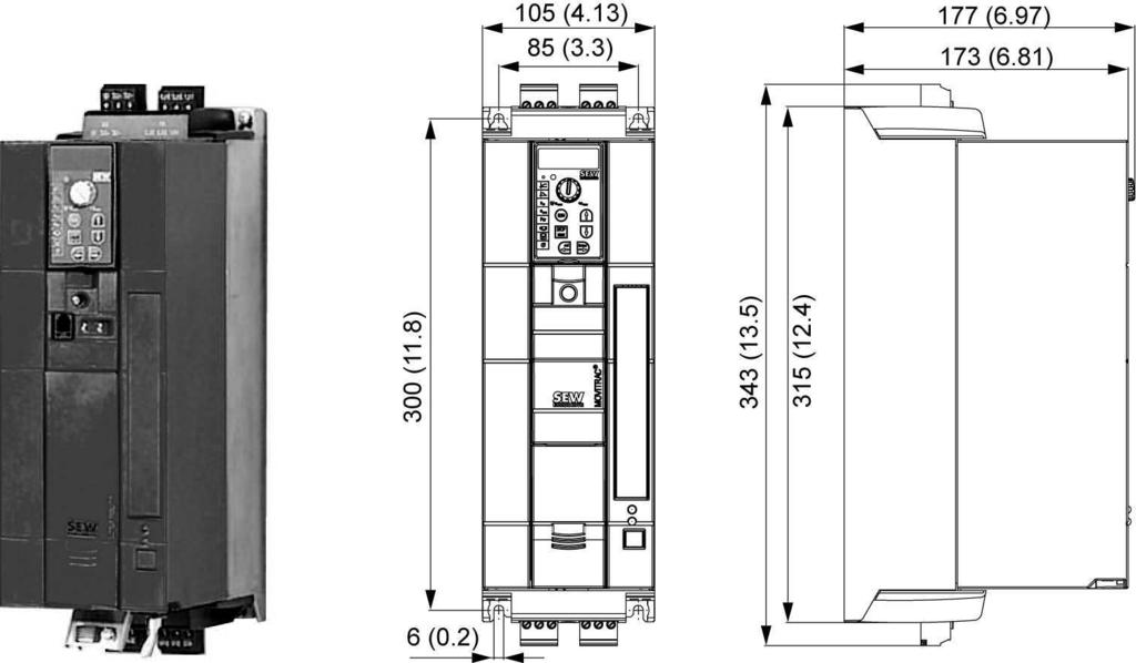 Műszaki adatok Az alapkészülék műszaki adatai 3 230 V AC / háromfázisú / 1-es kiviteli méret / 3,7 kw / 5,0 LE * MOVITRAC MC07B (háromfázisú hálózat) 0037-2A3-4-00 Cikkszám ("Biztonságos leállás"