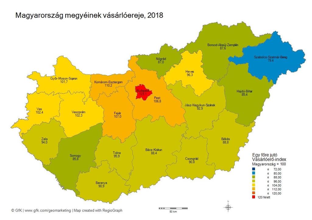 Magyarország 20 megyéjéből hét megyében a vásárlóerő az átlag felett van. Ezek Budapest és környéke, illetve a Dunántúl.