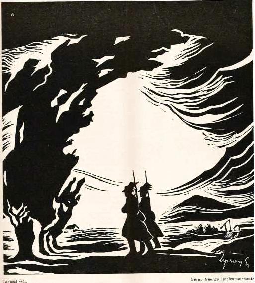 Készítője: Ugray György szobrász a Képzőművészeti Főiskola tanársegédje magyarázó szöveggel. Az 1940 május 1-i számban (285. oldal) látható Tavaszi szél című linóleummetszete.