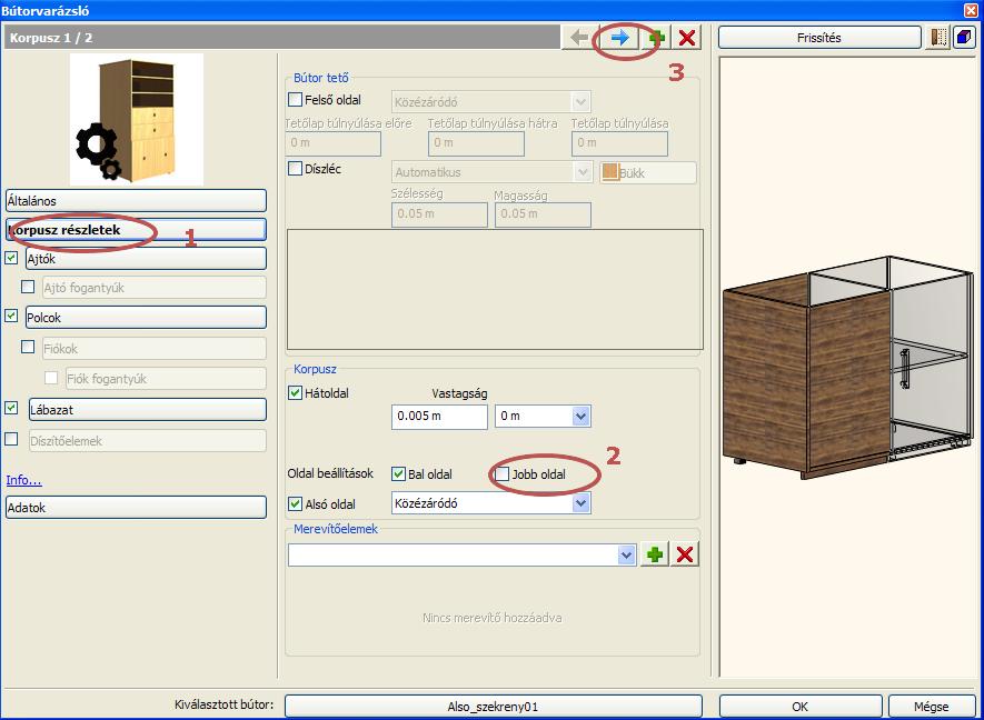 22 4. Lecke: Konyha tervezés - Bútorvarázsló Korpusz oldal kikapcsolása Kattintson a Korpusz részletek gombra(1).