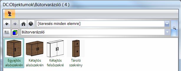 4. Lecke: Konyha tervezés - Bútorvarázsló 33 A TC_... kezdetű előre elkészített szekrények megjelennek a kedvencek között. Ebben a leírásban ezeket a szekrényeket helyezzük el.