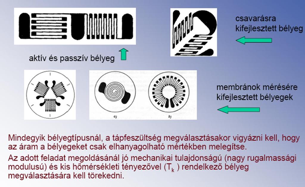 Fémes alapú, fólia nyúlásmérő bélyegek Előnyök: nagyon egyszerű használat, sokféle geometria, elektromos zavarok alig