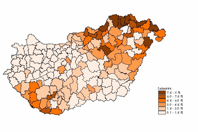 A cigány, románi és beás népcsoporthoz tartozók aránya, 2001 Forrás: KSH adatok alapján feldolgozta Dr.
