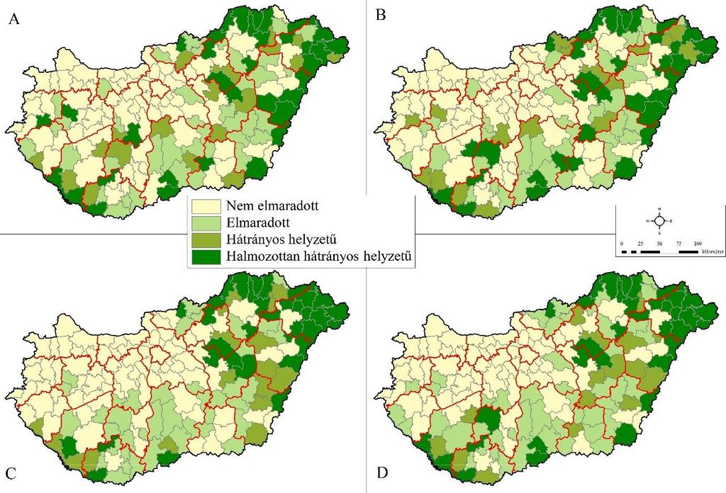 A területi fejlettségi index komparatív vizsgálata A kormányrendelet komplex mutatója (A), valamint a TFI számítás járási szinten (C), valamint a