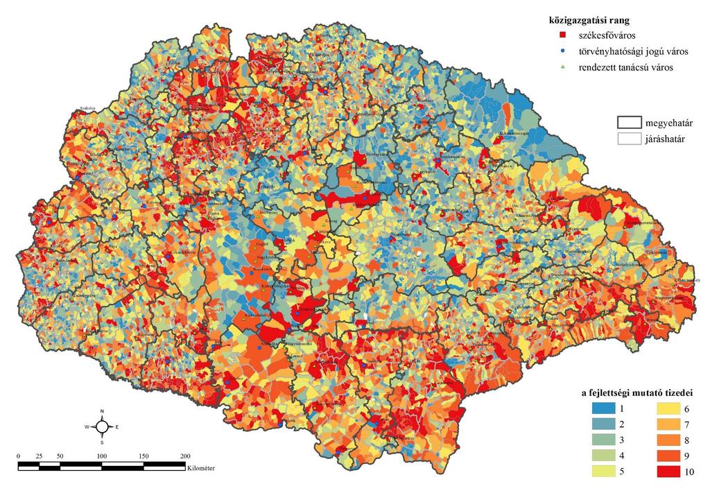 Magyarország településeinek fejlettsége tizedekbe rendezve a területi fejlettségi index alapján számolva