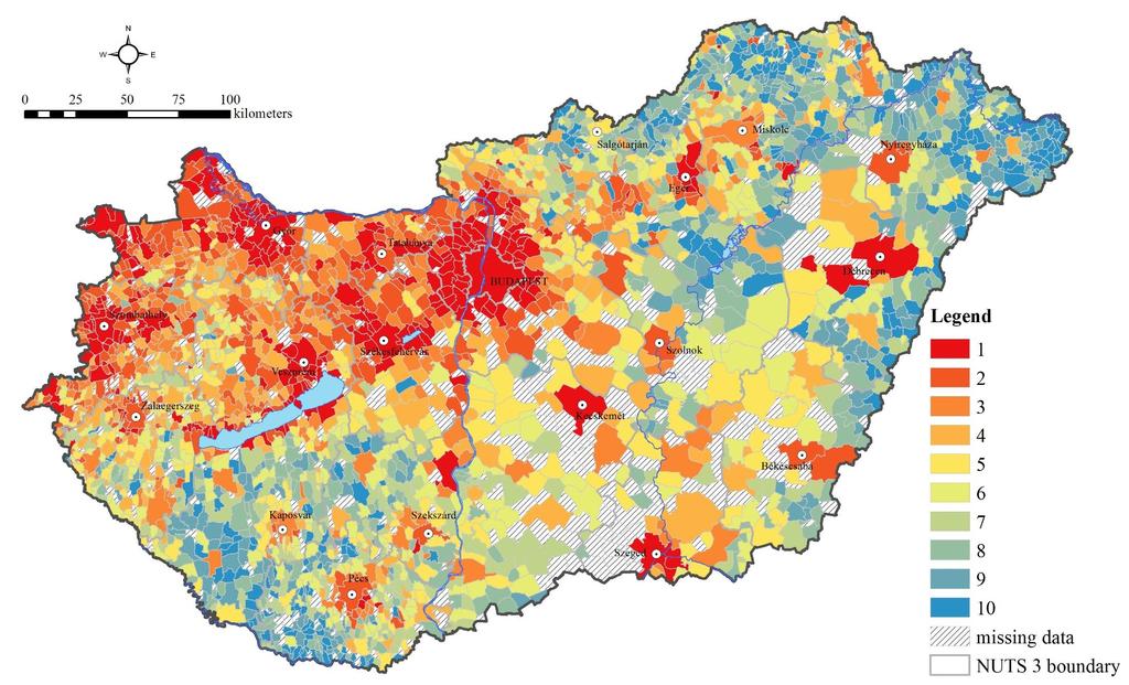 A területi fejlettségi index fejlettségi decilisei 2016-ban