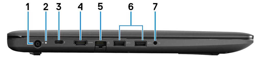 Az Dell G3 3579 különböző nézetei 3 Bal 1 Tápadapterport A tápadapter csatlakoztatásával üzemeltetheti a számítógépet és töltheti az akkumulátort.