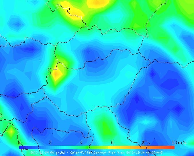 34. ábra: Az 1000 hpa-os, felszínközeli szélsebesség alakulása 2013. december 4-én 00 UTCkor (Saját ábra).