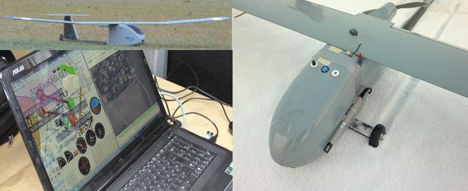 Figure 26. The BXAP15 UAS was applied for atmospheric measurenets between 2011 and 2013 over Hungary. Upper left: the landed UAS. Bottom left: the control panel of the UAS.