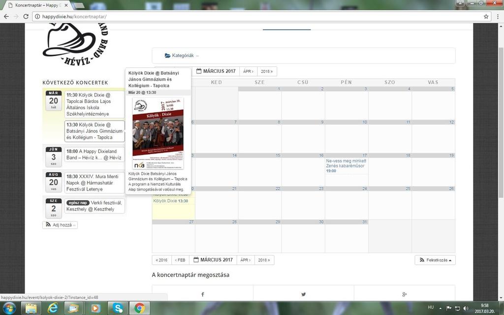 A Zenekar honlapján található koncertnaptárba is