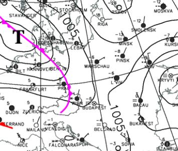 17. Ábra: Frontanalízis 2016 január 8-án 0, 6, 12 és 18 UTC-kor és január 9-én 0 UTC-kor (forrás: ZAMG) Január 8-án délután délnyugat felől egy