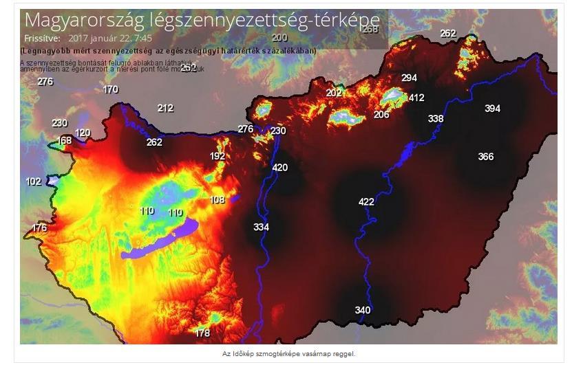 Magyarország légszennyezettség-térképe 2017 január 22.