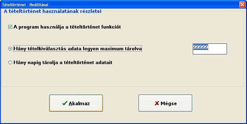 Tételtörténet A működés paramétereinek a beállítása: SILVER GOLD 1./ Rekordszámmal jelölje ki a tárolandó tételeket, amennyiben nagyon sok tétel kiválasztást végez.