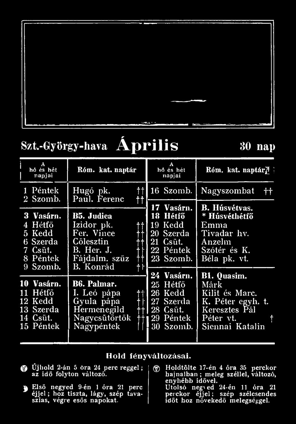 29 Péntek 30 Szomb. B. Ilúsvétvas. * Húsvéthétfő Emma Tivadar hv. nzelm Szótér és K. Béla pk. vt. Bl. Quasim. Márk Kilit és Marc. K. Péter egyh.