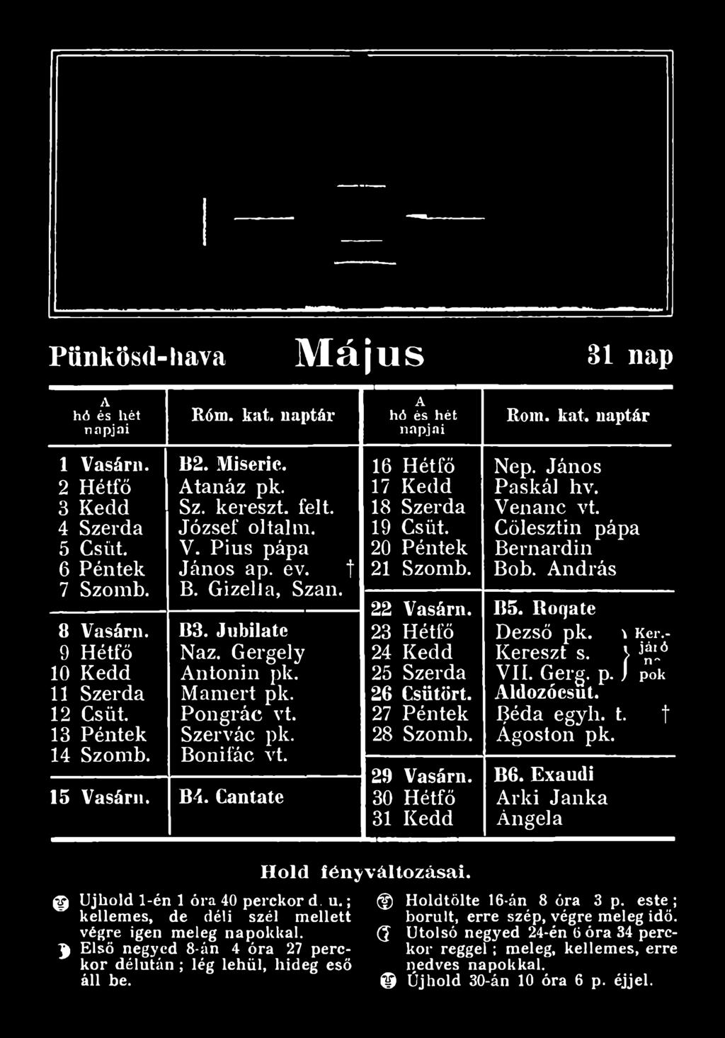 János Paskál hv. Venanc vt. Cölesztin pápa Bernardin Bob. ndrás B5. Botjaié Dezső pk. 1 Ker.- Kereszt s. 1 ^' ó VII. Gerg. p. j Pok ldozóesut.