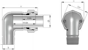 WA könyök, külső menettel Méretek és tömegek Acélcsô Forrcsô PE csô NÁ Csatlakozó menet R ISO 7/1 Cső külső Ø [ mm ] Beépítési hossz~a [