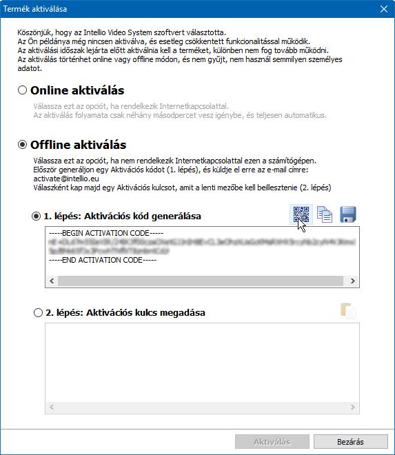 Offline aktiválás Az aktiválás során létrehozott aktivációs kódot ki kell kimásolni és elküldeni az ATSS terméktámogató rendszeren keresztül (https://intellio.