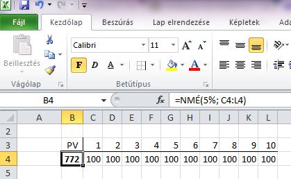 2. Jelenérték meghatározása szoftverrel: A Microsoft Excel táblázatkezelő szoftverben a jelenérték kiszámítására alkalmas függvény található: =NMÉ(ráta; érték1,érték2, ) Számítási példa: Egy tíz éven