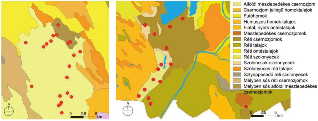 3. ábra Mintavételi helyek az Bácskai és Dél-Tisza-völgyi mintaterületeken, valamint a jellemző talajtípusok Figure 3 Soil sampling points in the South Tisza Valley and in Bácska with indication of