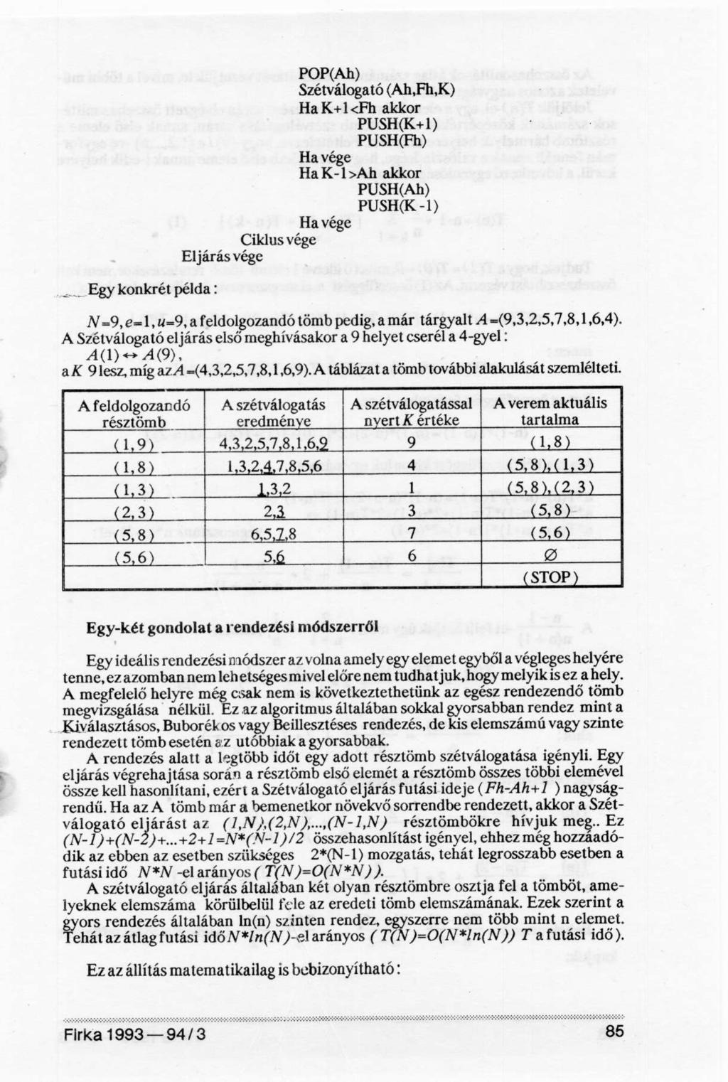 Egy konkrét példa: POP(Ah) Szétválogató (Ah 1 Fh 1 K) HaK+l<Fh akkor PUSH(Kt-I) PUSH(Fh) Ha vége Ha K-l>Ah akkor PUSH(Ah) PUSH(K-I) Ha vége Ciklus vége Eljárás vége N=9, e= 1, «=9, a feldolgozandó