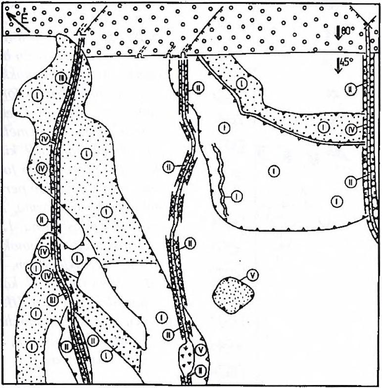 A Strázsahegy 2. számú területének karros formakincse 1. triász m észkő anyagú lejtőrészlet, 2. litoklázis, 3. diaklázis, 4. kalcit kitöltés diaklázisban, 5. eocén hom okkő, 6.