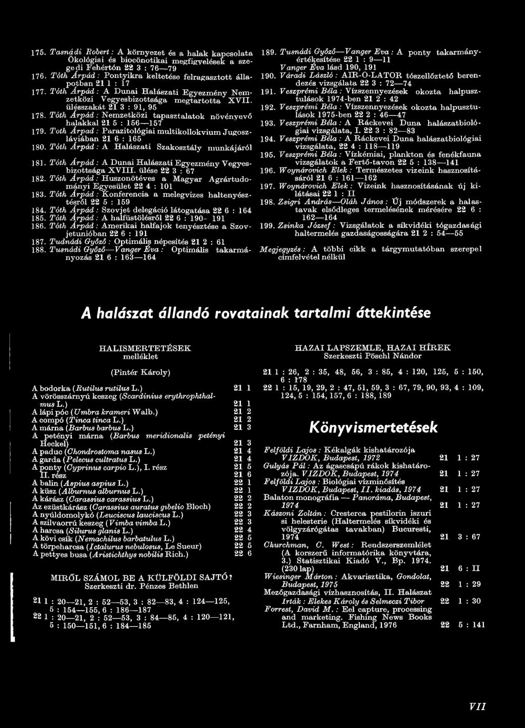 Tóth Árpád : Huszonötéves a Magyar Agrártudományi Egyesület 22 4 : 101 183. Tóth Árpád : Konferencia a melegvizes haltenyésztésről 22 5 : 159 184.