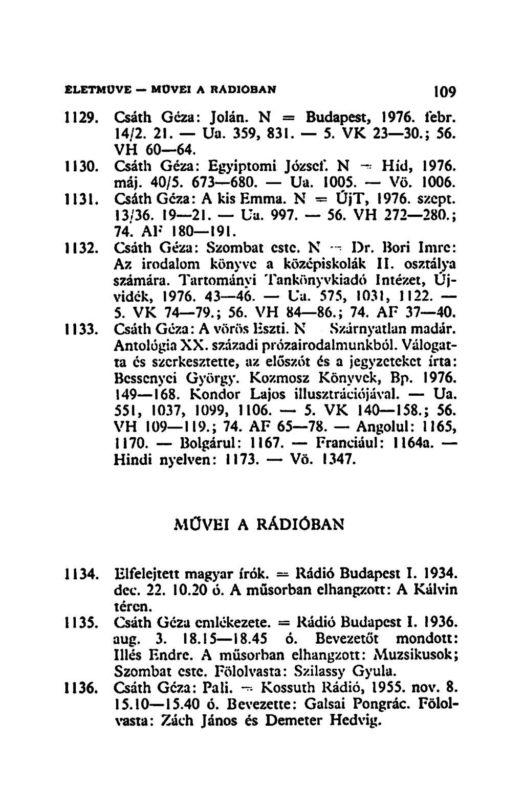 ÉLETMŰVE MÜVEI A RÁDIÓBAN 09 1129. Csáth Géza: Jolán. N = Budapest, 1976. febr. 14/2. 21. Ua. 359, 831. 5. VK 23 30.; 56. VH 60 64. 1130. Csáth Géza: Egyiptomi József. N - Híd, 1976. máj. 40/5.