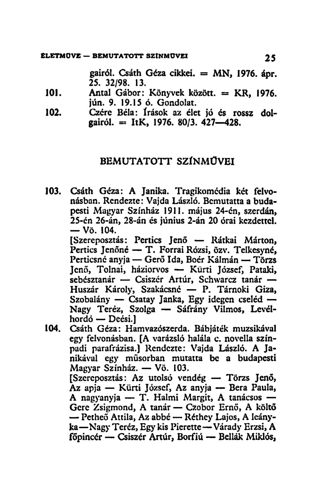 gairól. Csáth Géza cikkei. = MN, 1976. ápr. 25. 32/98. 13. 101. Antal Gábor: Könyvek között. = KR, 1976. jún. 9. 19.15 ó. Gondolat. 102. Czérc Béla: írások az élet jó és rossz dolgairól. = ItK, 1976.