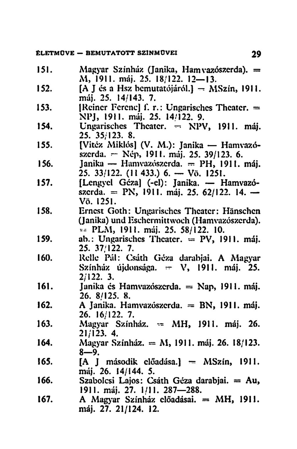 151. Magyar Színház. (Janika, Hamvazószerda). = M, 1911. máj. 25. 18/122. 12 13. 152. [A J és a Hsz bemutatójáról.] - MSzín, 1911. máj. 25. 14/143. 7. 153. Rcincr Ferenc] 1". r.: Ungarischcs Thcatcr.