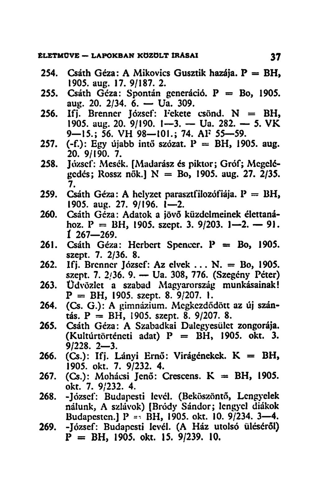 254. Csáth Géza: A Mikovics Gusztik hazája. P = BH, 1905. aug. 17. 9/187. 2. 255. Csáth Géza: Spontán generáció. P = Bo, 1905. aug. 20. 2/34. 6. Ua. 309. 256. Ifj. Brenncr József: Fekete csönd.