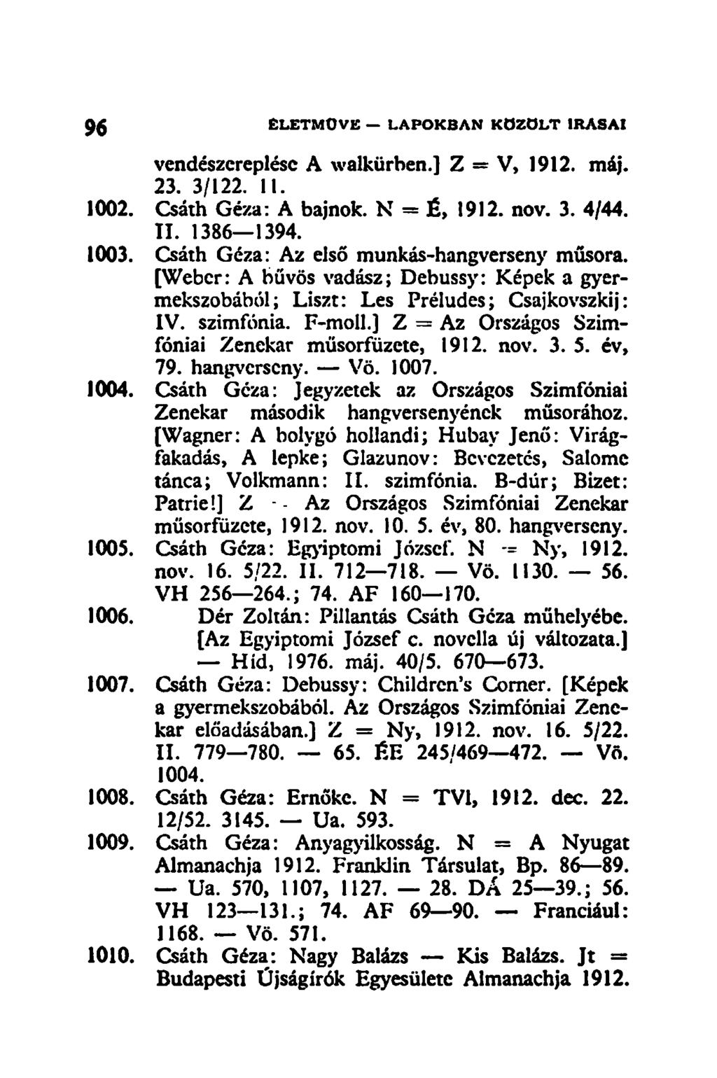 vendészcreplésc A walkürben.] Z = V, 1912. máj. 23. 3/122. II. 1002. Csáth Géza: A bajnok. N = É, 1912. nov. 3. 4/44. II. 1386 1394. 1003. Csáth Géza: Az első munkás-hangverseny műsora.