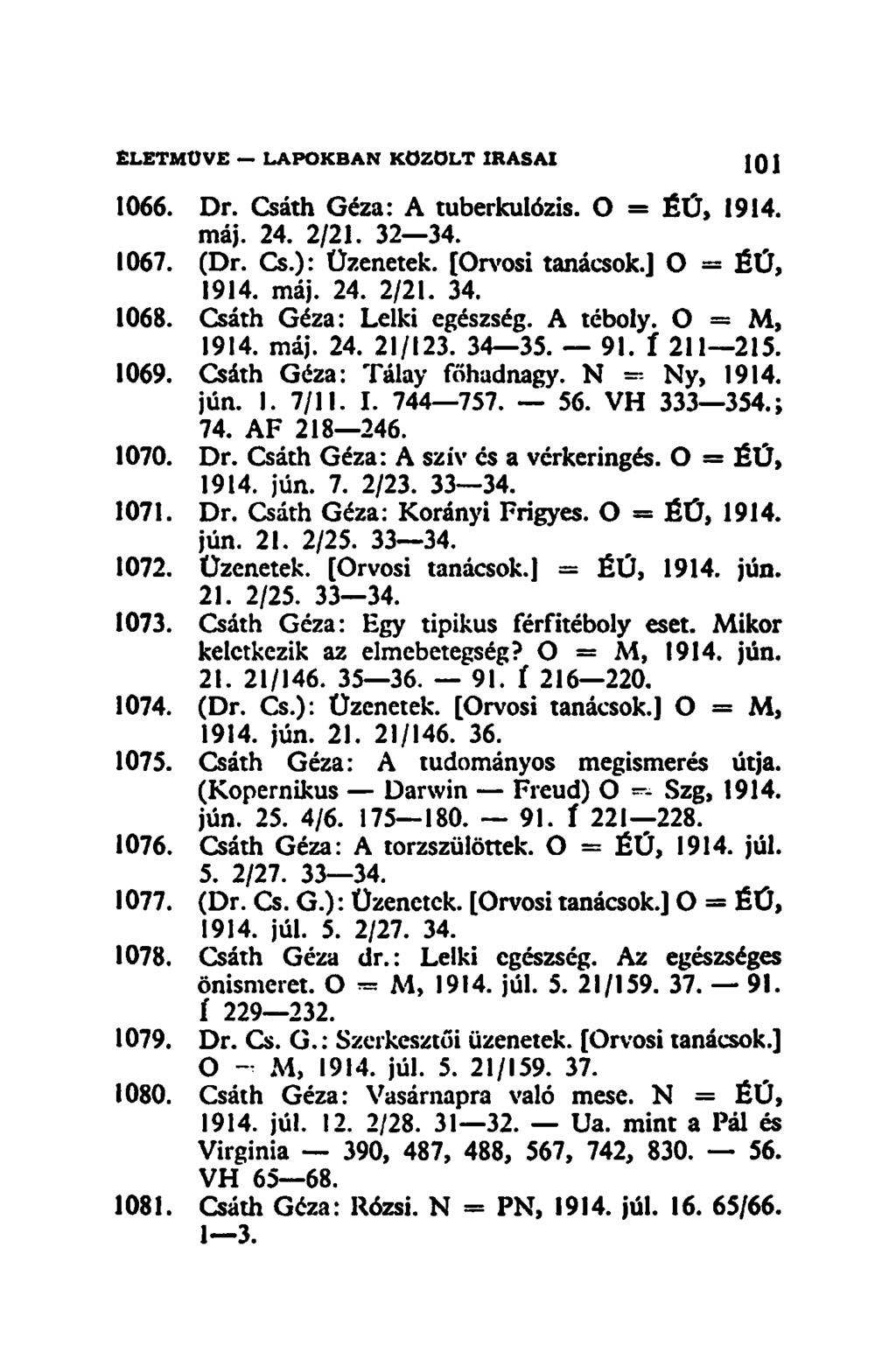 1066. Dr. Csáth Géza: A tuberkulózis. O = ÉÚ, 1914. máj. 24. 2/21. 32 34. 1067. (Dr. Cs.): Üzenetek. [Orvosi tanácsok.] O = ÉÚ, 1914. máj. 24. 2/21. 34. 1068. Csáth Géza: Lelki egészség. A téboly.