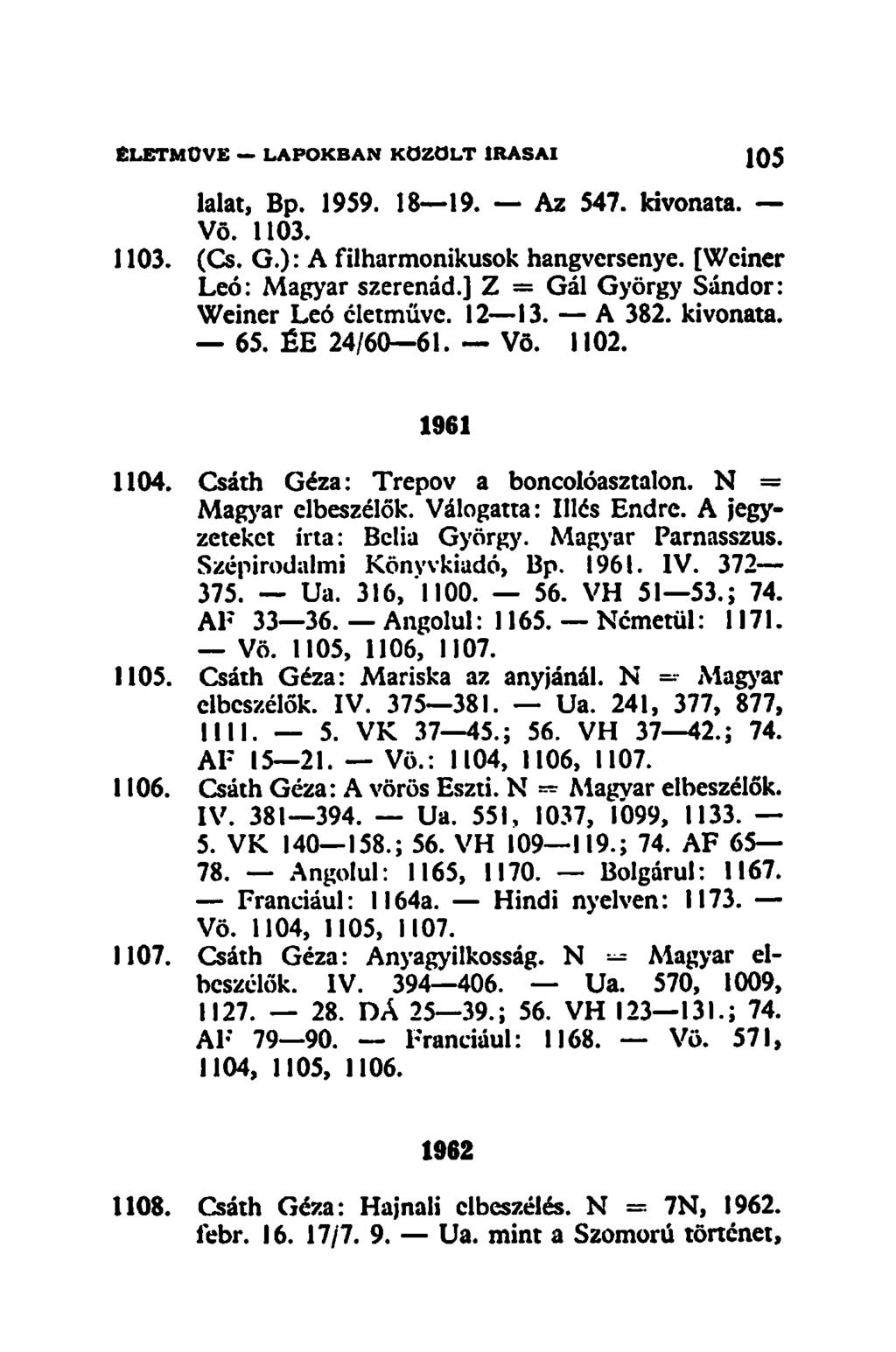 lalat, Bp. 1959. 18 19. Az 547. kivonata. Vö. 1103. 1103. (Cs. G.): A filharmonikusok hangversenye. [Wciner Leó: Magyar szerenád.] Z = Gál György Sándor: Weiner Leó életműve. 12 13. A 382. kivonata. 65.