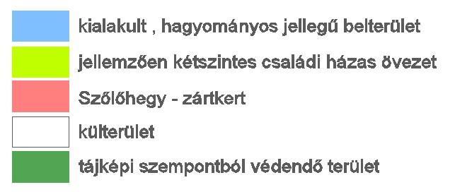 - külterület, beépítésre nem szánt terület - szőlőhegy volt zártkert - tájképi szempontból védendő terület A kialakult, hagyományos jellegű belterület, a jellemzően kétszintes családi házas