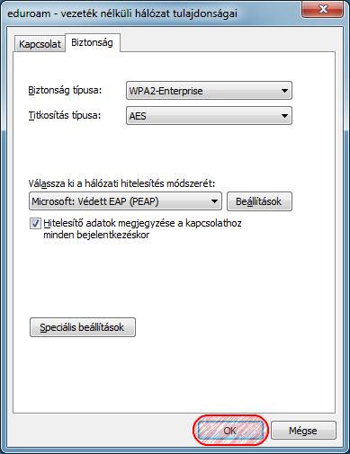 Az eduroam vezeték nélküli hálózat tulajdonságai ablakot zárja be az OK gombra