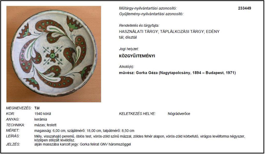 A 2004 februárjában egy betörés során a verőcei Gorka Géza Kerámiamúzeumból ellopott 41 kerámiatárgy adatai között Gorka Géza (Nagytapolcsány, 1894 Budapest, 1971) által készített dísztálat