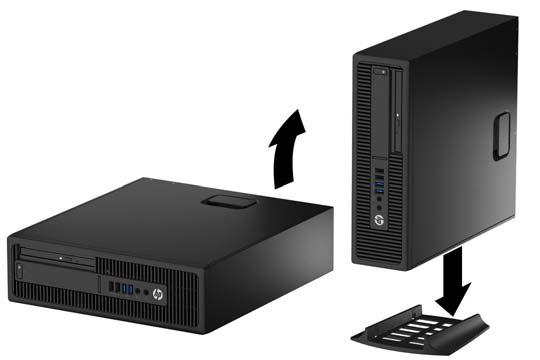 Asztali elrendezés tornyossá alakítása A kis helyigényű számítógép a HP-től külön megvásárolható toronytalppal használható torony állásban is. 1.