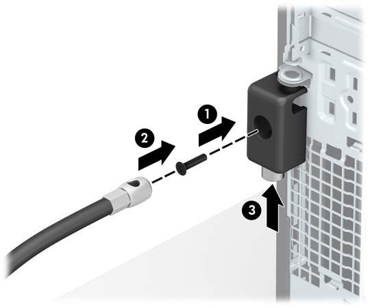 8. Rögzítse a zárat a számítógép vázához a mellékelt csavarral (1). Illessze a biztonsági zár dugót tartalmazó végét a zárba (2), és nyomja be a gombot (3) a zár aktiválásához.