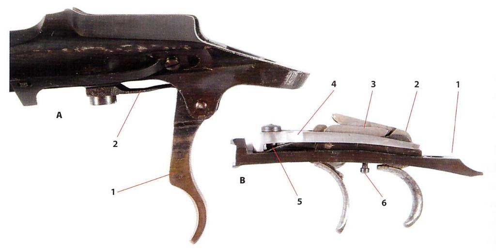A golyós vadászlőfegyver részei elsütőszerkezet Az elsütőberendezés lehet hagyományos egybillentyűs, gyorsítós egybillentyűs (Rückstecher v.