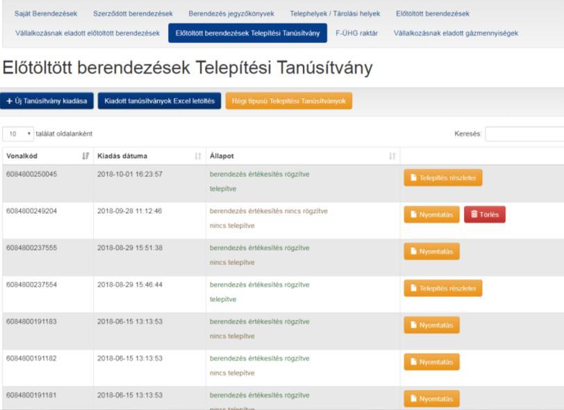 Telepítési Tanúsítványon(okon) automatikusan kerül kitöltésre a tanúsítványok I. és II.