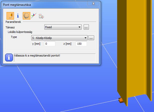 3. Példa: Támasz a globális koordináta rendszer szerint került elhelyezésre, külpontossága 150mm a megtámasztott oszlop lokális koordináta rendszerének z