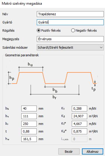 A szelvény betöltését követően a további paraméterek megadása szükséges a merevség számításához.