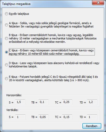 Talajgyorsulás agr [m/s 2 ]: a beviteli mezőben megadható a létesítmény